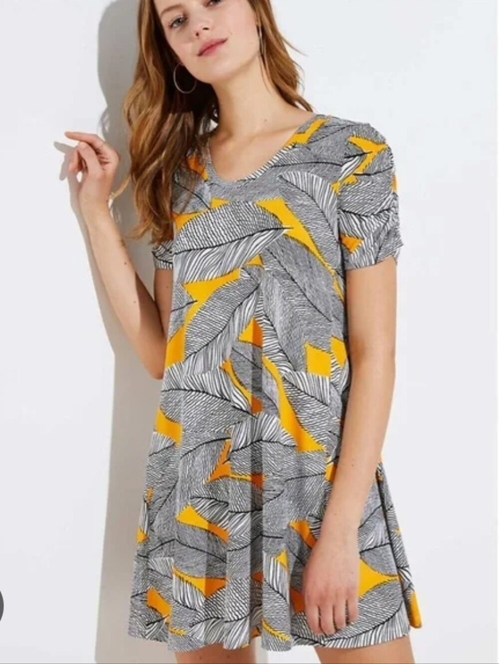 LOFT Petite Yellow Black Leaf Print Mini Swing Dress Short Sleeve Tropical